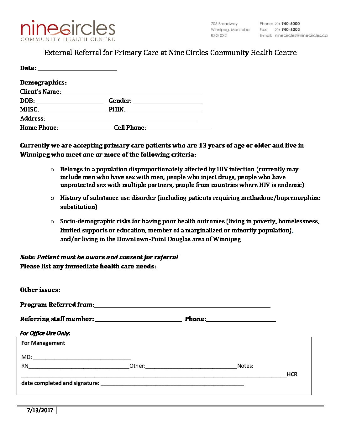 External Referral for Primary Care at Nine Circles Form - Nine Circles  Community Health Centre